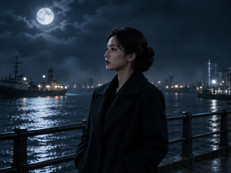 The same woman at the pier in a medium shot