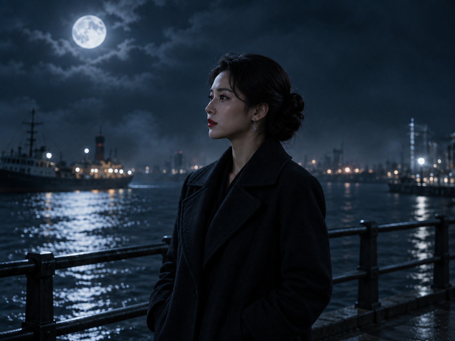 The same woman at the pier in a medium shot