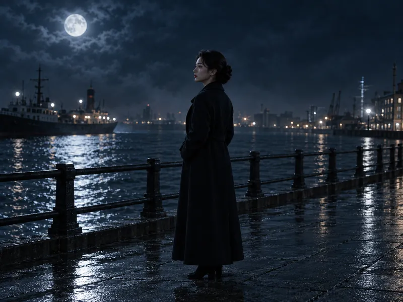 A woman in a black coat at a moonlit pier