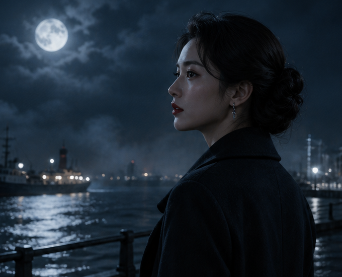 Close-up of the same woman at the pier
